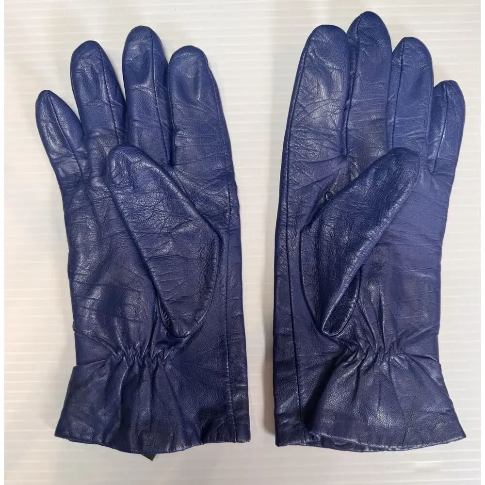 Lauren Ralph Lauren Blue Leather Gloves Womens L Gold Crest Buttons Lined